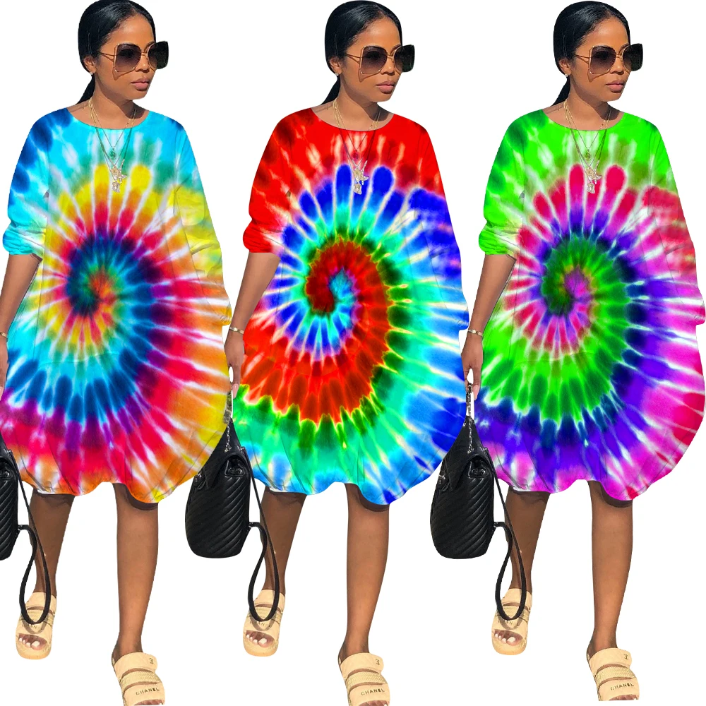 

H1265 Wholesale large - size long - sleeved tie - dye printing casual women's T-shirt dress, Red\green\blue