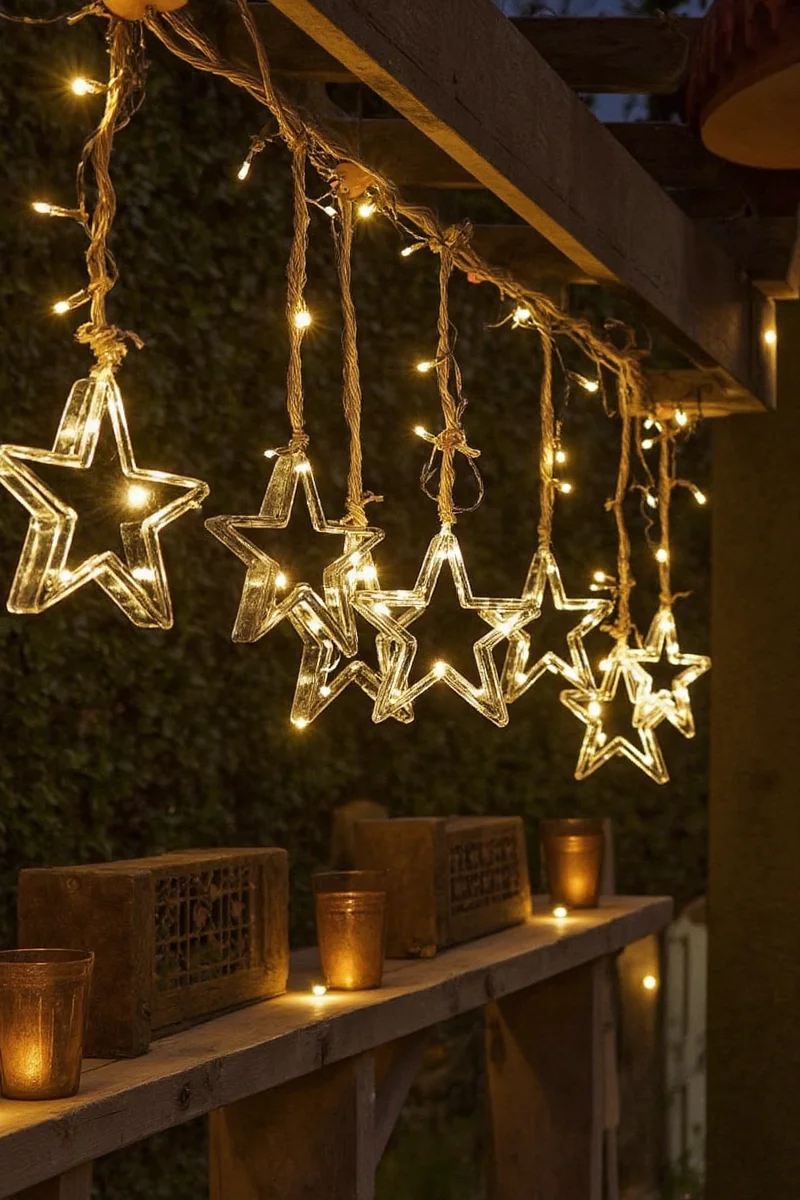 Treehouse lit up with hanging star lights for nighttime play