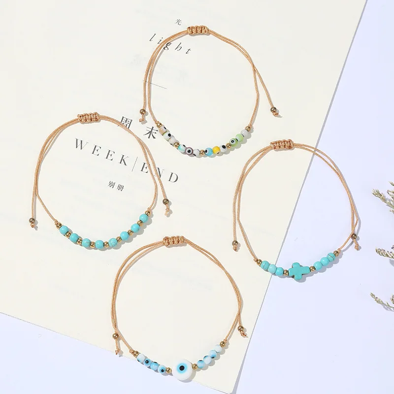 

Wholesale Rope Retro Jewelry Crystal Rice Lucky Beads Bracelets Adjustable Couple Friendship Cross Eye Evil Bracelet
