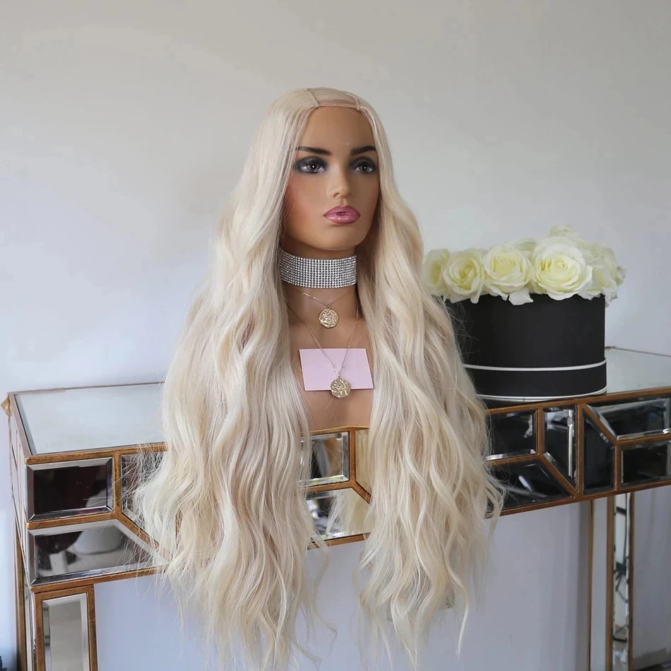 

30Inches Body Wave Mayaslia Glueless Platinum Blonde U Part Wigs 100% Virgin Human Hair Wig Loose Wavy V Shape Full Machine Made, Natural color lace wig