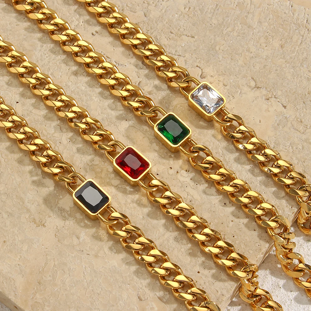 Wholesale 18K Gold Plated Cuban Link Chain Bracelet Stainless Steel Jewelry Square Zircon Charm Bracelet