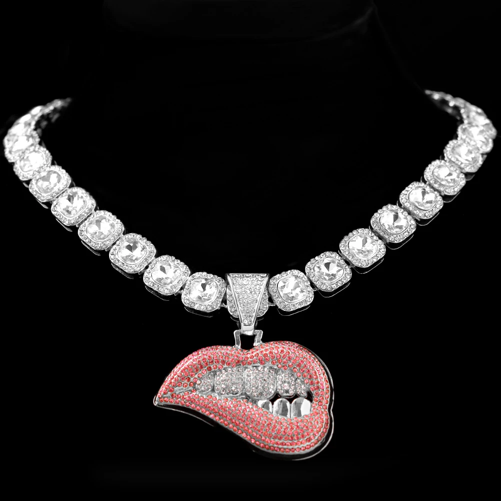 

Sexy Biting Lip Pendant Mouth Necklaces Bling Iced Out Cubic Zirconia Necklaces For Men Women Stainless Steel Hiphop Jewelry, Gold sliver color