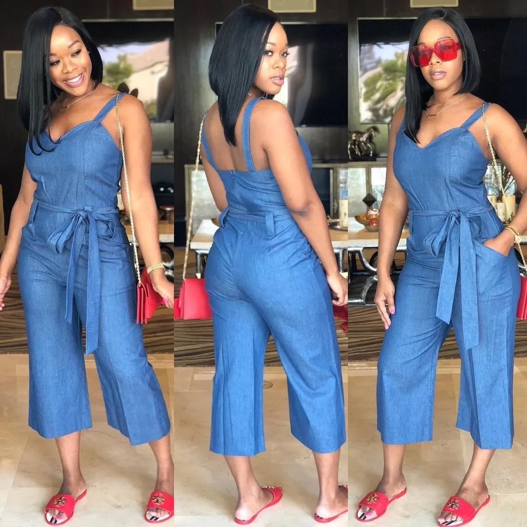 

CL-156 New Arrival Summer Outfits Jumpsuit Blue Belt Wide Leg Women Clothing Denim Jumpsuits, As picture show