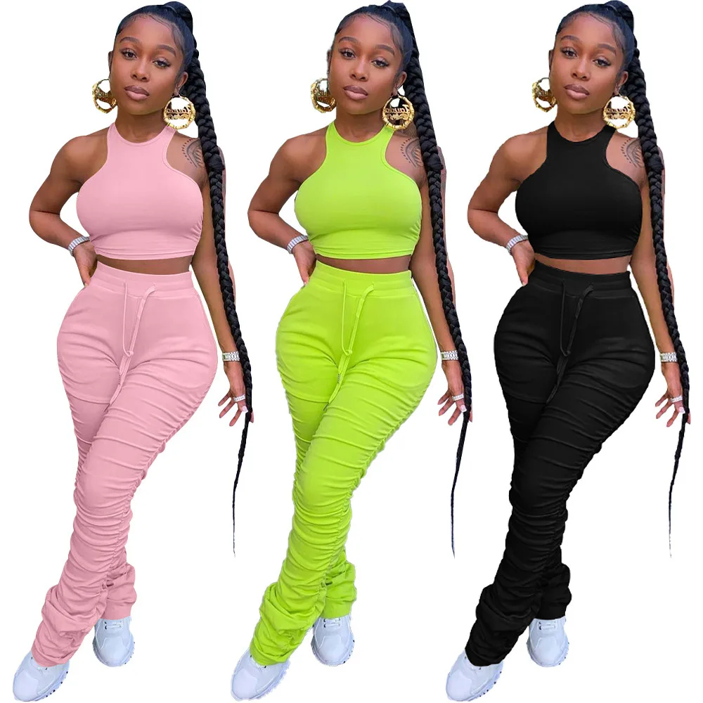 

2021 New arrivals women's high-waisted buttock sports casual suit plus size two piece pant sets, Photo color