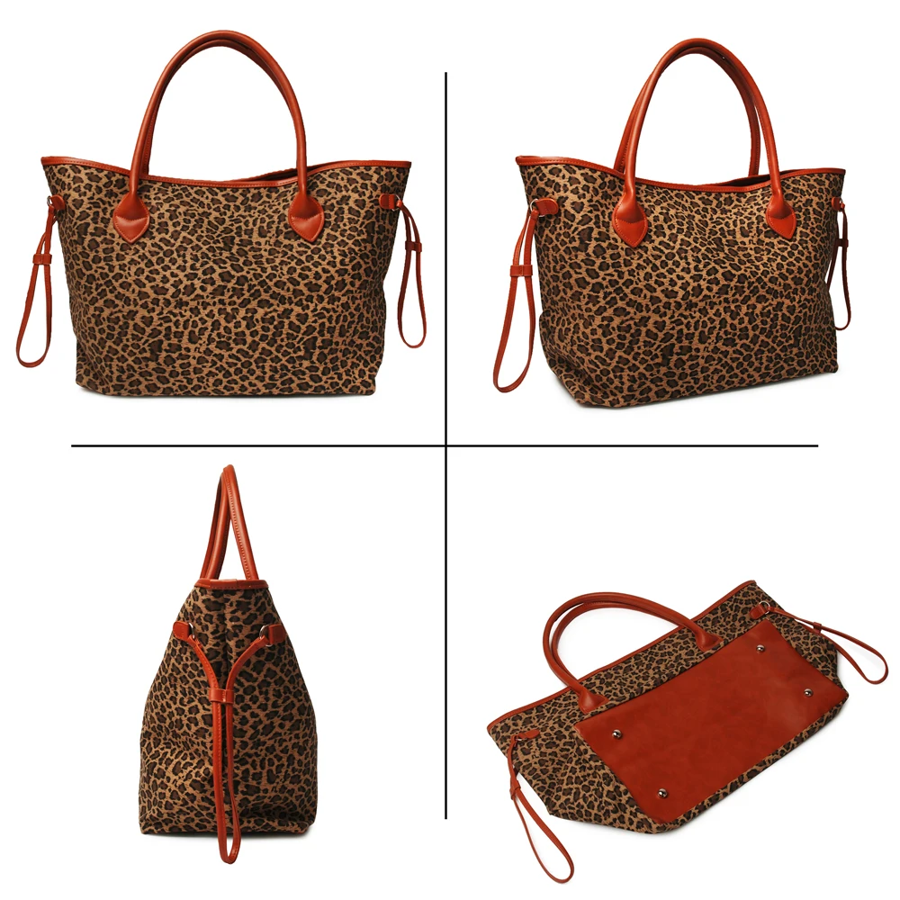 

Wholesale Blanks Leopard Tote Bag Cheetah Women Handbag with Brown PU Leather Handle DOM106388