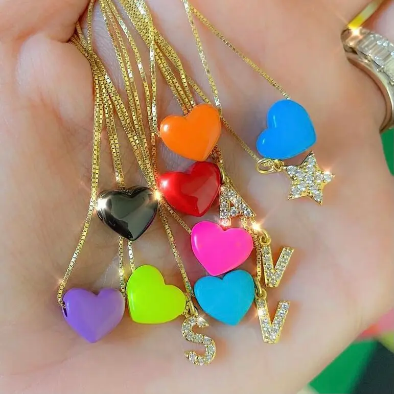 

LS-C331 Hot selling cz micro pave letter charm necklace, rainbow color enamel heart charm necklace jewelry