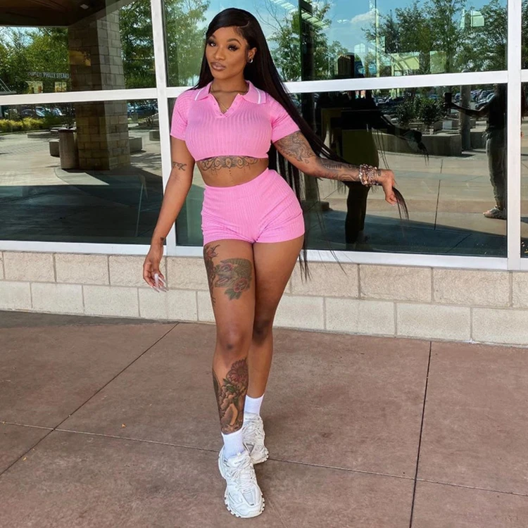 

Elasticized Solid Color Turndown Neck Women Two Piece Set T-shirt And Shorts Set Sporty Summer Women Clothing 2020, Pink,gray,black,fluorescent green