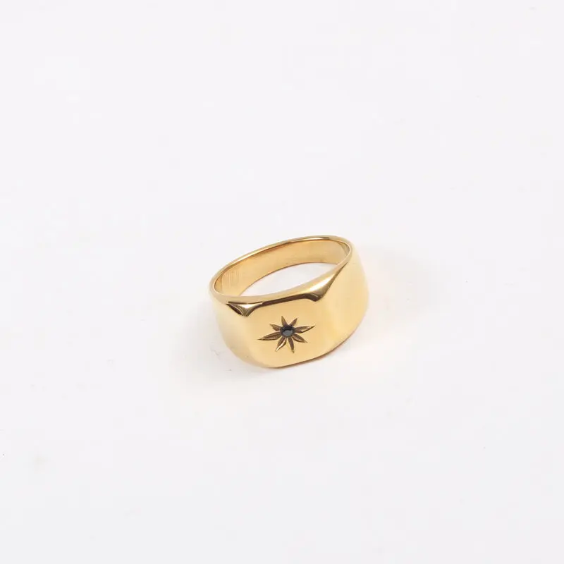 High End 18K Gold Plated Black Stone Starburst Stainless Steel Rings for Women  Tarnish Free Jewelry