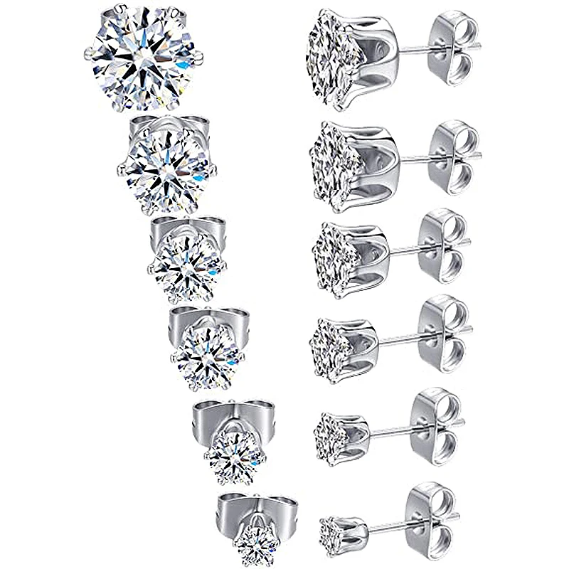 

White Gold Plated Round Clear Cubic Zirconia Stud Earring Pack for Women, Silver plated