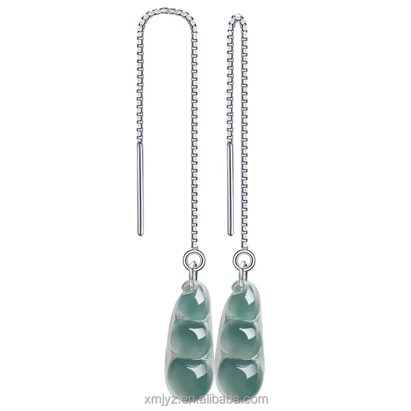 

Certified Grade A Natural Jade Blue Fried Green Beans S925 Silver Inlaid Ice Women's Earrings