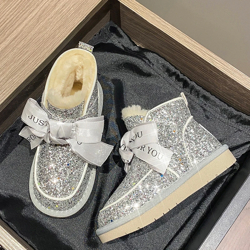 

Hot Selling Children Warm Thicken Boots Princess Girls Glittering Toddlers Shoe Led Lights Furry Bow Snow Boots Kid Winter Shoes