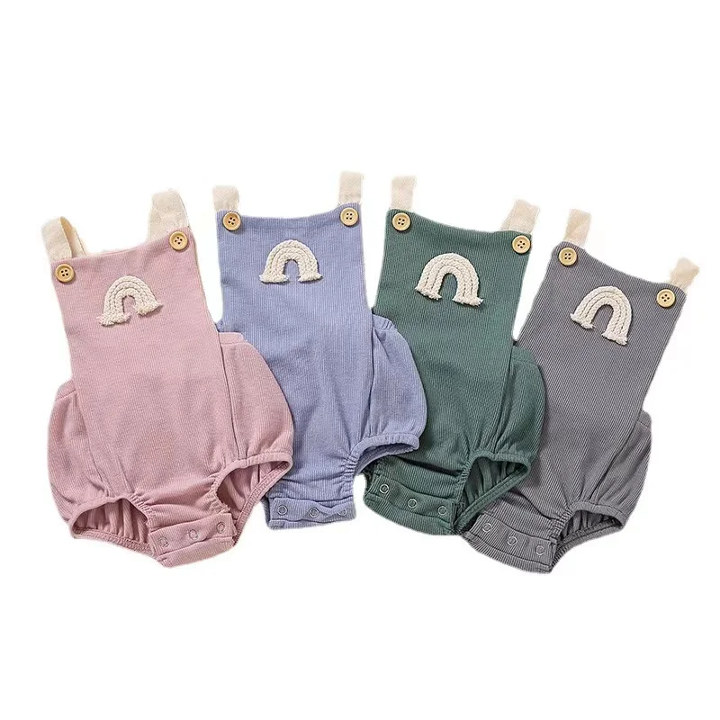 

Australia US Newborn Jumpsuits Bodysuits Climb Summer Sleeveless Rainbow Knitted Ribbed Cotton Baby Rompers for, Beige blue stripes brown