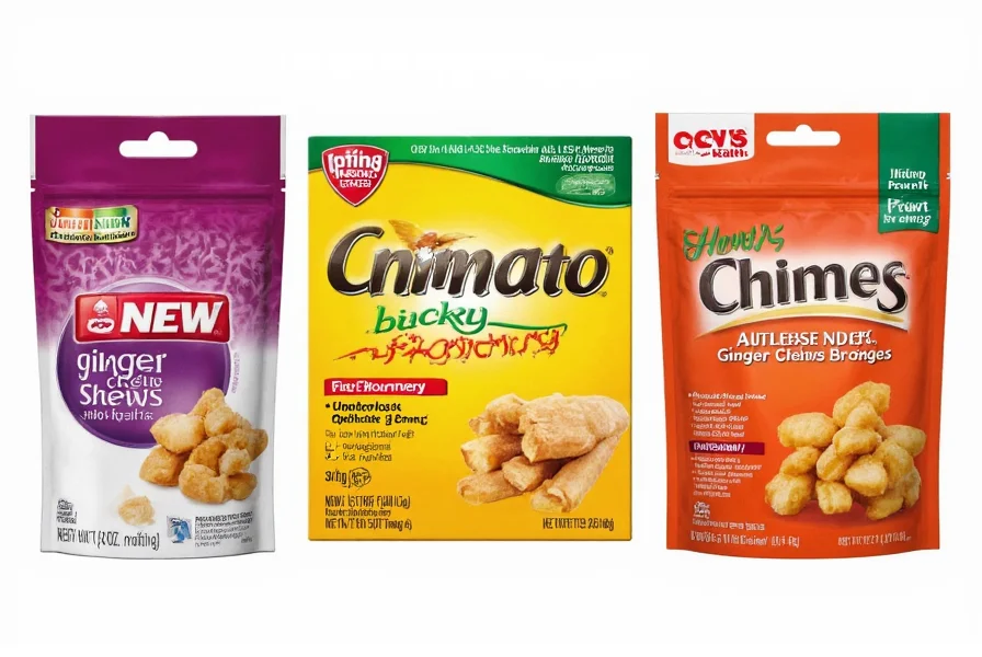Comparison of ginger chews packaging from Breezer, Chimes, and CVS Health brands arranged side by side