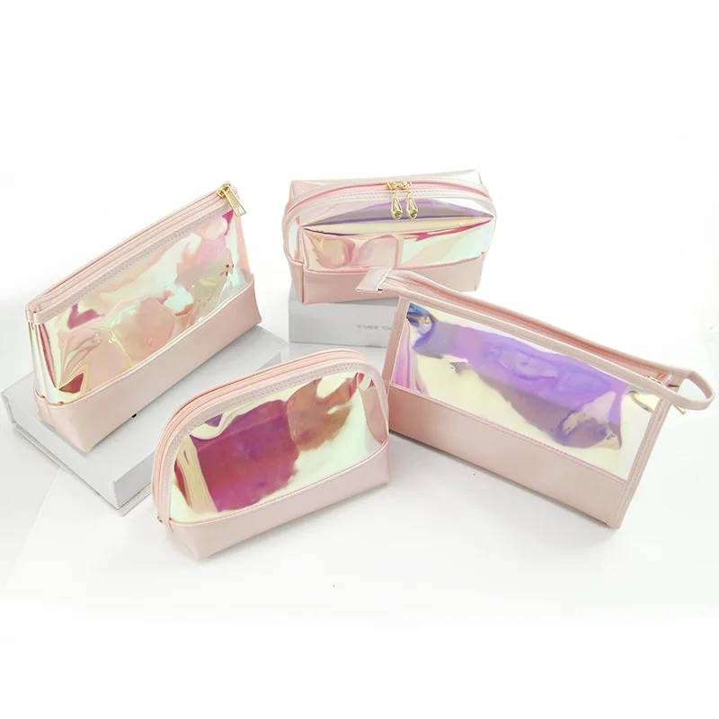 

makeup transparent clear tpu clutch cosmetic bag with logo zipper, Pink