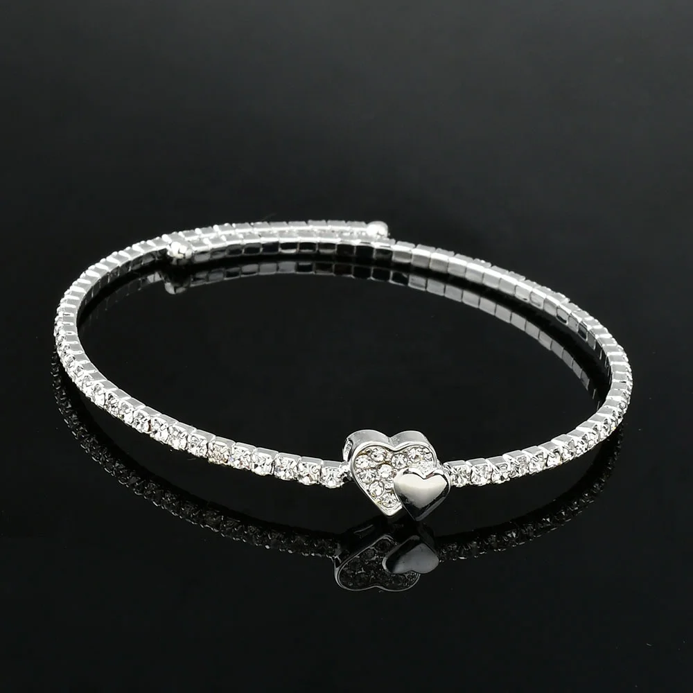 

Adjustable Silver Plated Crystal Rhinestone Heart Cuff Bracelet Bangle Women Jewelry, Silver as pictures show