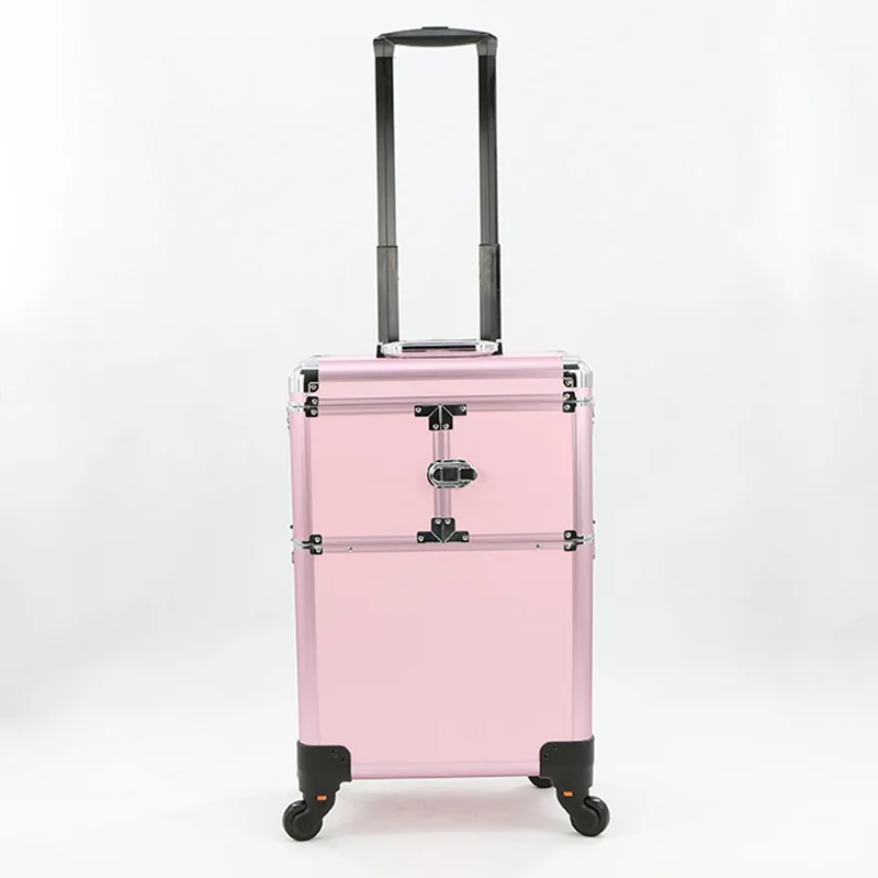 

pink aluminum trolley professional makeup cases three layers toiletry organizer suitcase cosmetic case on wheels