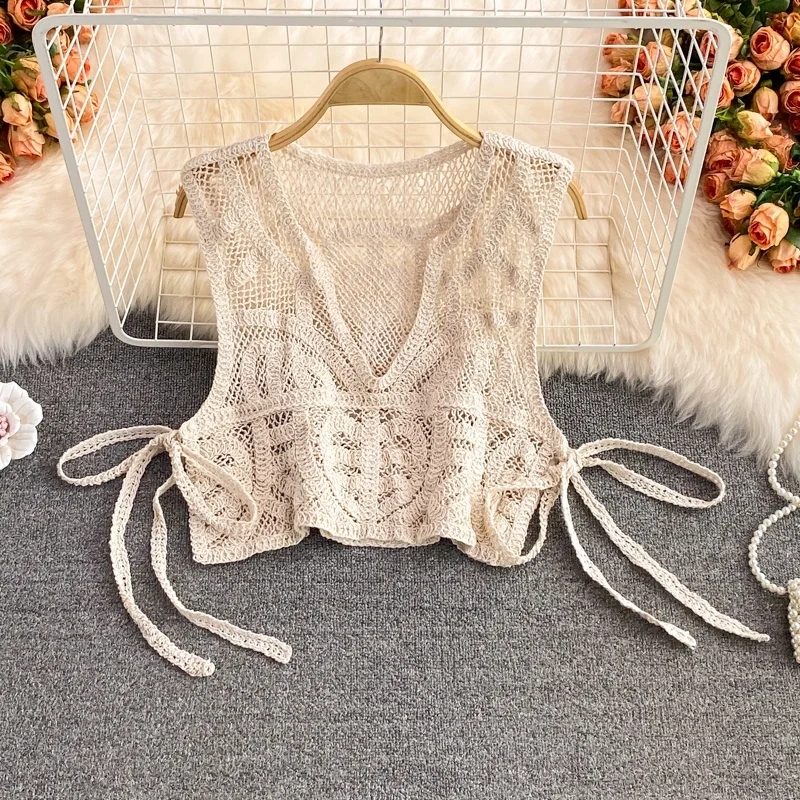 V neck Hollow Braided Strap Knitted Camisole