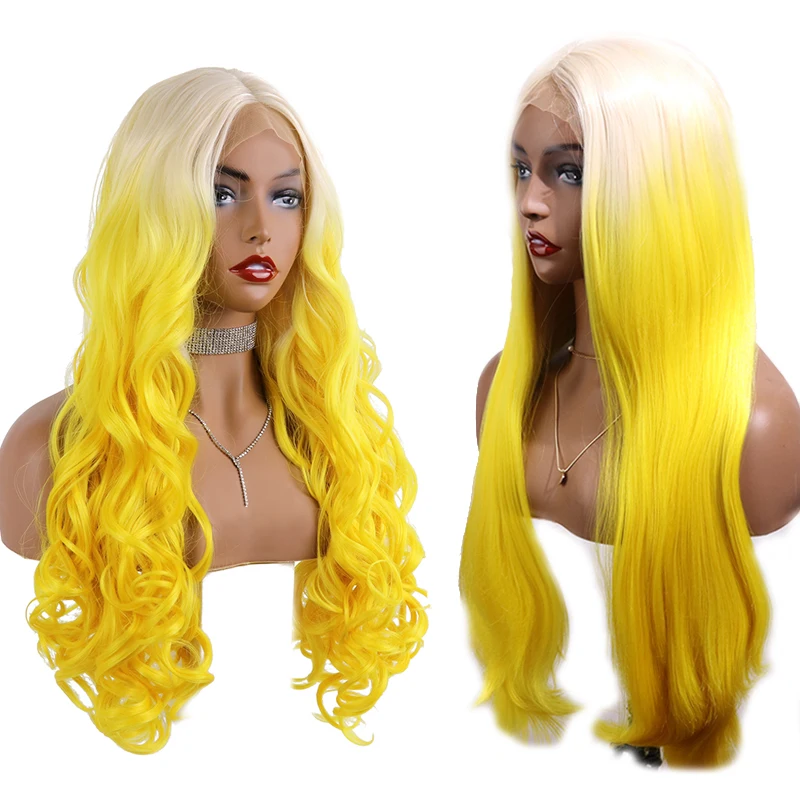 

Synthetic Lace Wig White Ombre Yellow Long Straight Pre-pick Front Lace Wig Soft High-quality Wave Hair Halloween Wig