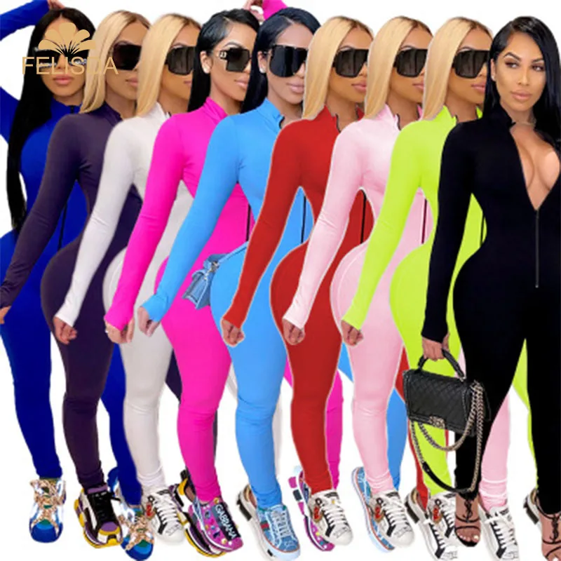 

Workout Active Wear Solid Color Rompers Womens Jumpsuit Sporty Long Sleeve Fitness Clubwear Zipper Party Jumpsuits Bodycon