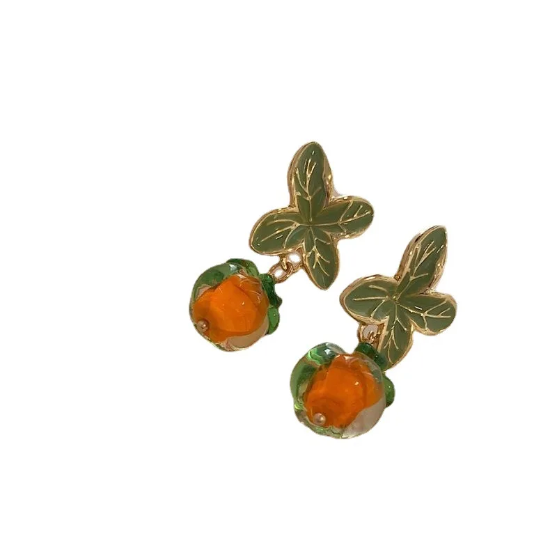 

Retro Pastoral Style Girl Orange Colored Glass Ear Clips Glass Persimmon 925 Silver Needle Earrings