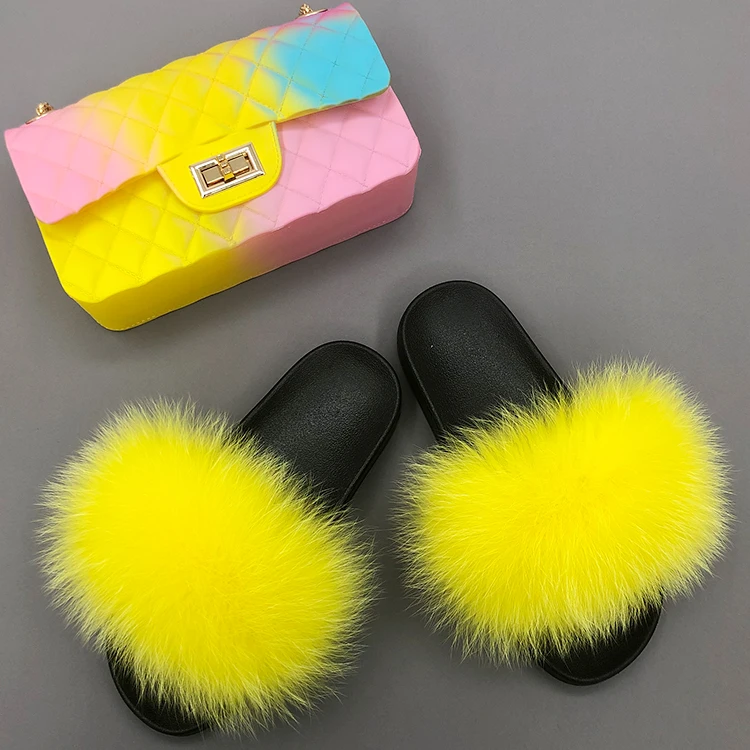 

New designer fluffy fox fur slides logo custom real fur slides with purse sets, Customized color