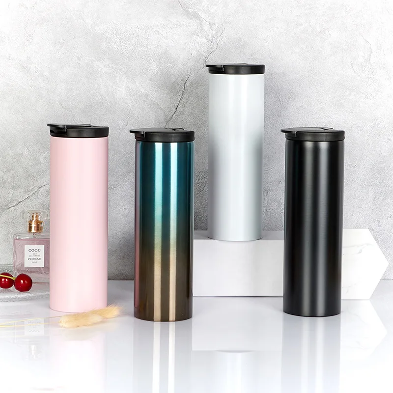 

500ml Gradient Stainless Steel Skinny Tumblers Double Wall Insulated Straight Tumbler, White, black, pink and gradient color