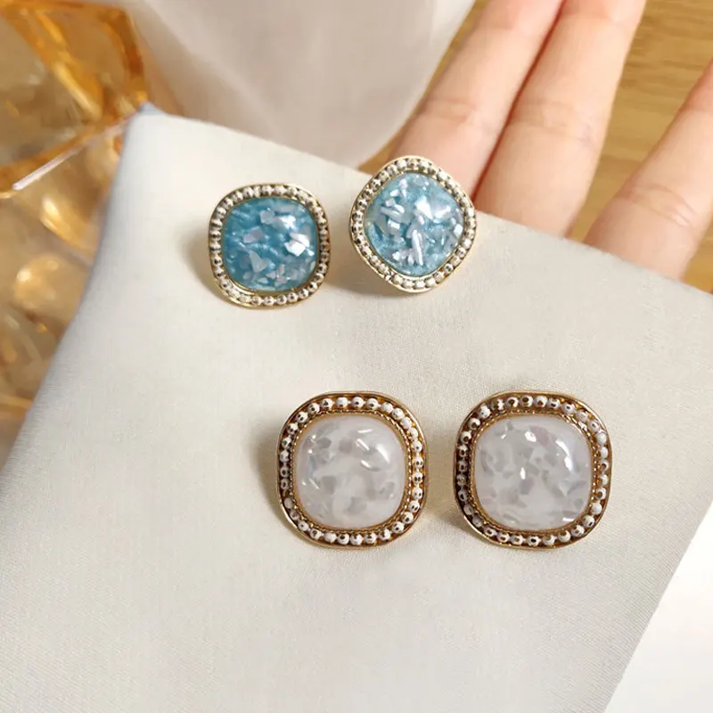 

Fashion Simple Ins S925 Needle Resin Square Stud Earrings Gold Color Acrylic Shell Square Earrings For Women Girls