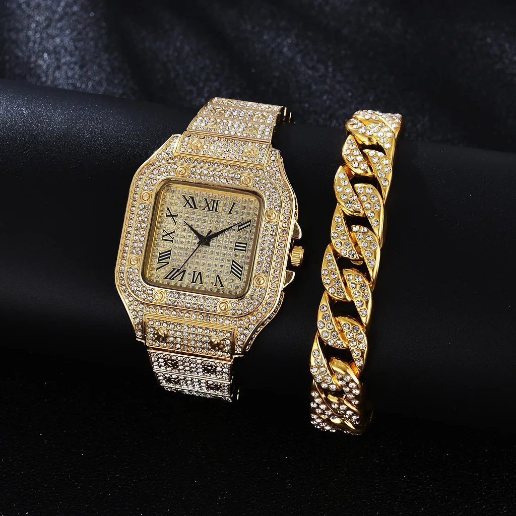 

Watches for Men Women Luxury Hip hop Iced Out Gold Quartz Watch with Bracelet Cuban Chain Square Relogio Masculino Groomsmen