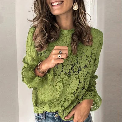 

2020 Womens Lace Crochet Flower Blouses shirt Ladies Casual Solid color Long Sleeve Shirts female Spring o neck Hollow Out Tops, As shown