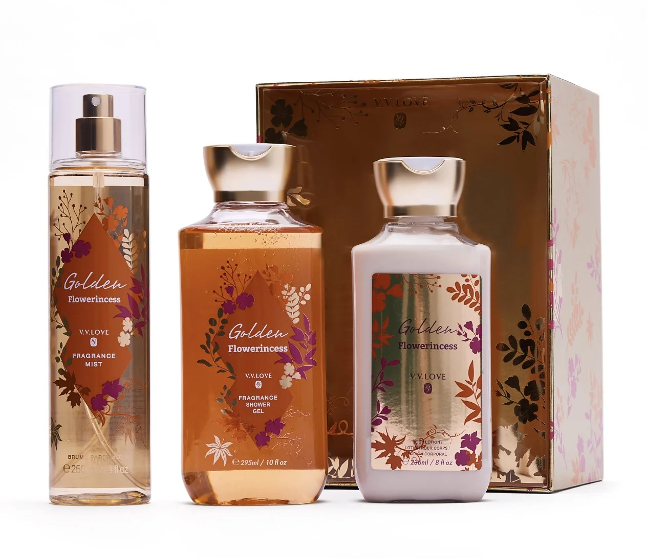 

VVLOVE 3pcs bath sets 250ml body mist 295ml shower gel with 238ml body lotions sets works for woman
