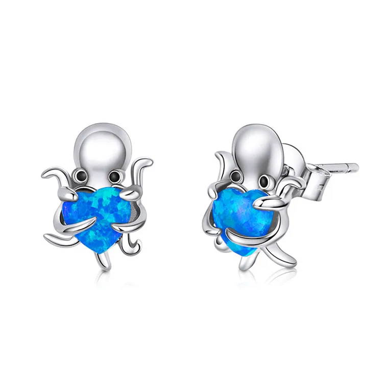 

Original Opal Heart Octopus Stud Earrings 925 Sterling Silver Devilfish Earrings, White gold