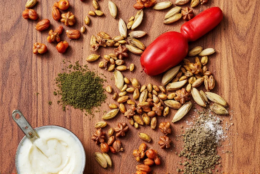 Spice jars on wooden table with label reading 'Ras El Hanout'