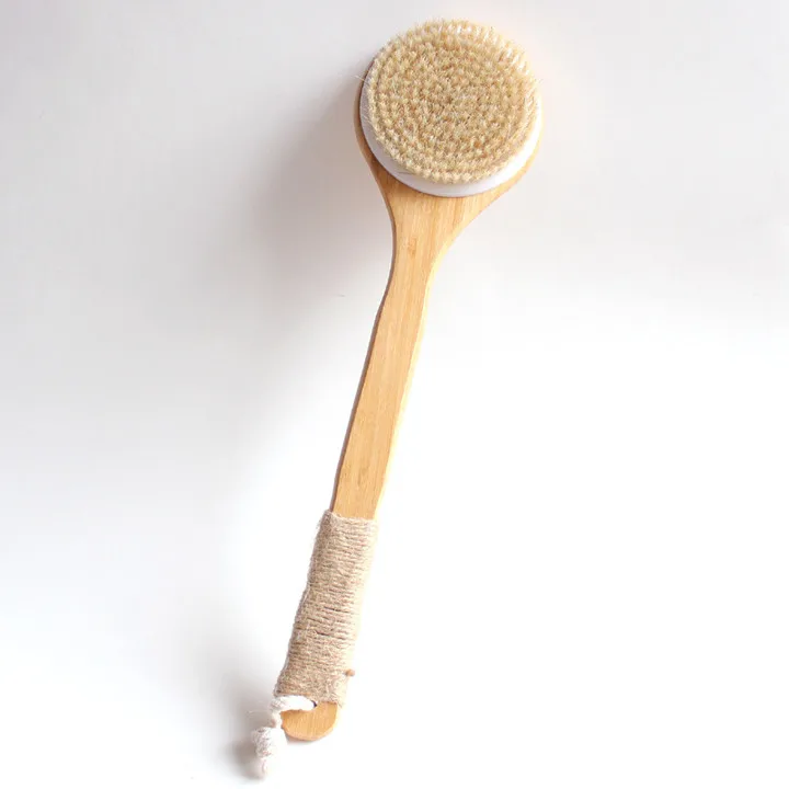 

hot selling in Amazon natural long handle massage wooden bamboo boar bristle body bath brush for dry and wet shower