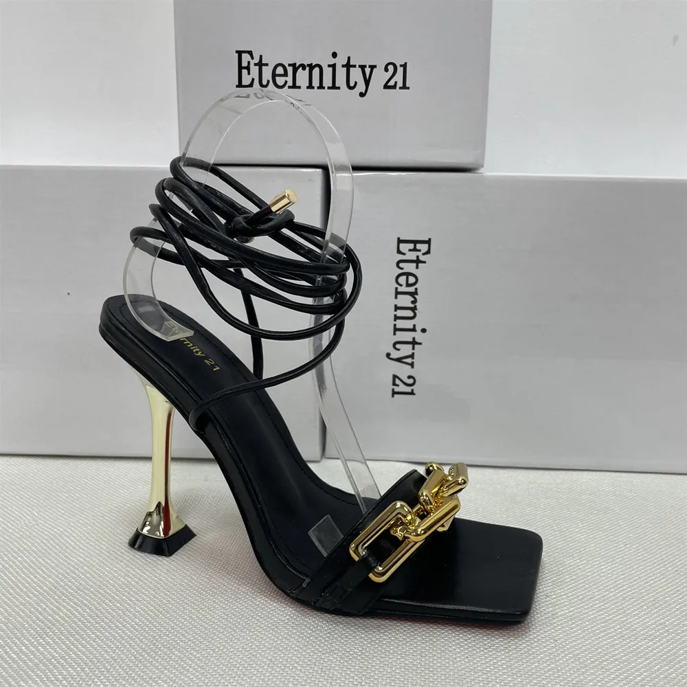 

2021 autumn European and American high heels square front new fashion trend women's shoes super long straps square toe stiletto, White, black, silver, apricot, gold