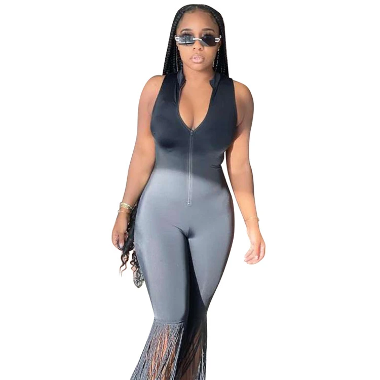 

2021 New Arrival Sexy Ladies Rompers Sleeveless Tassels Zipper Street Wear Spring Women Bodycon Jumpsuits