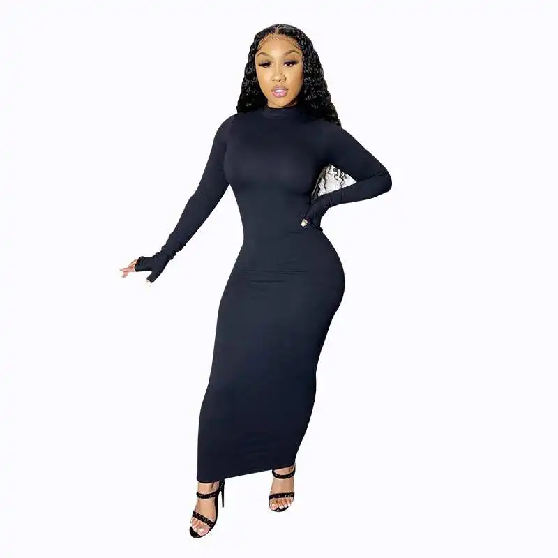 

women solid long sleeve elegant long dresses sexy bodycon dress woman casual dresses