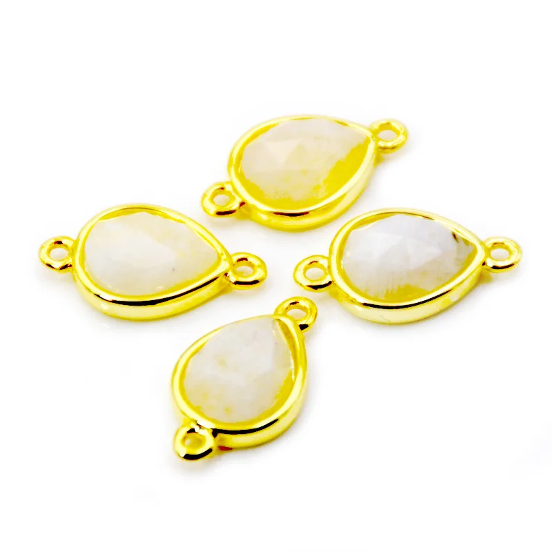 

Natural moonstone Faceted cut teardrop shape Gemstone charms gold bezel jewellery jewelry double bail pendant for women, White