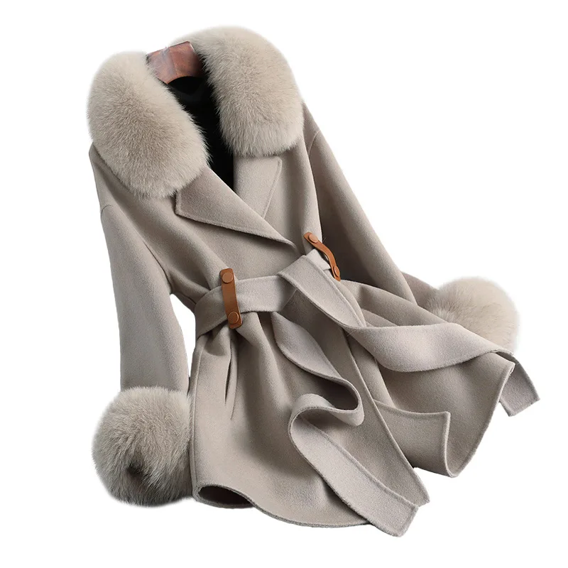 

Winter Fashion Ladies Cashmere Coat Detachable Fox Fur Collar Cuffs Elegant Wool Coats Women