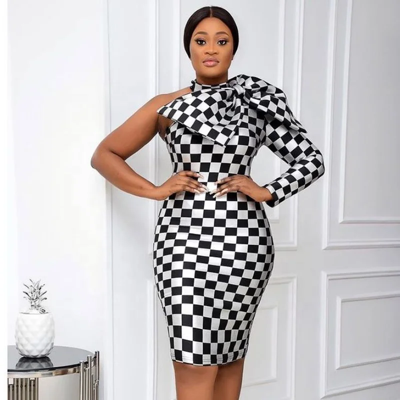 

KEN-AM201104 add logo bodycon dresses bow tie check elegant midi dress for women