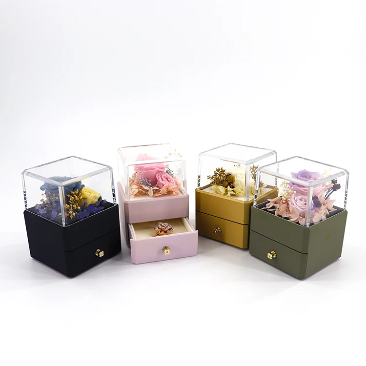 

Hot sale LED Light Preserved Rose Flower Jewelry Storage box with drawer for Valentine's Day gift packaging, Customized