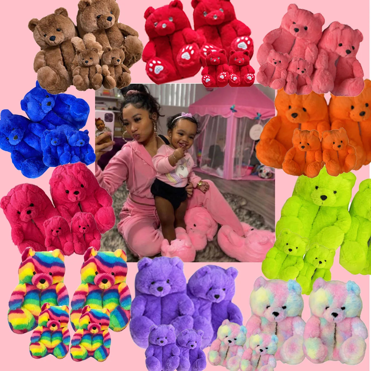 

Wholesale fast shipping lovely teddy bear slippers set adult/kids/toddler size cute plush bear shoes comfortable house slippers
