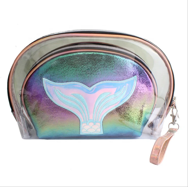

2pcs Cute Mermaid Makeup Bags PVC Cosmetic Portable Travel Toiletry, Pink, green