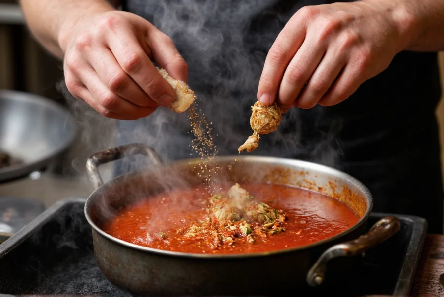 Chef's hands sprinkling various spices into a pot of simmering chili with steam rising