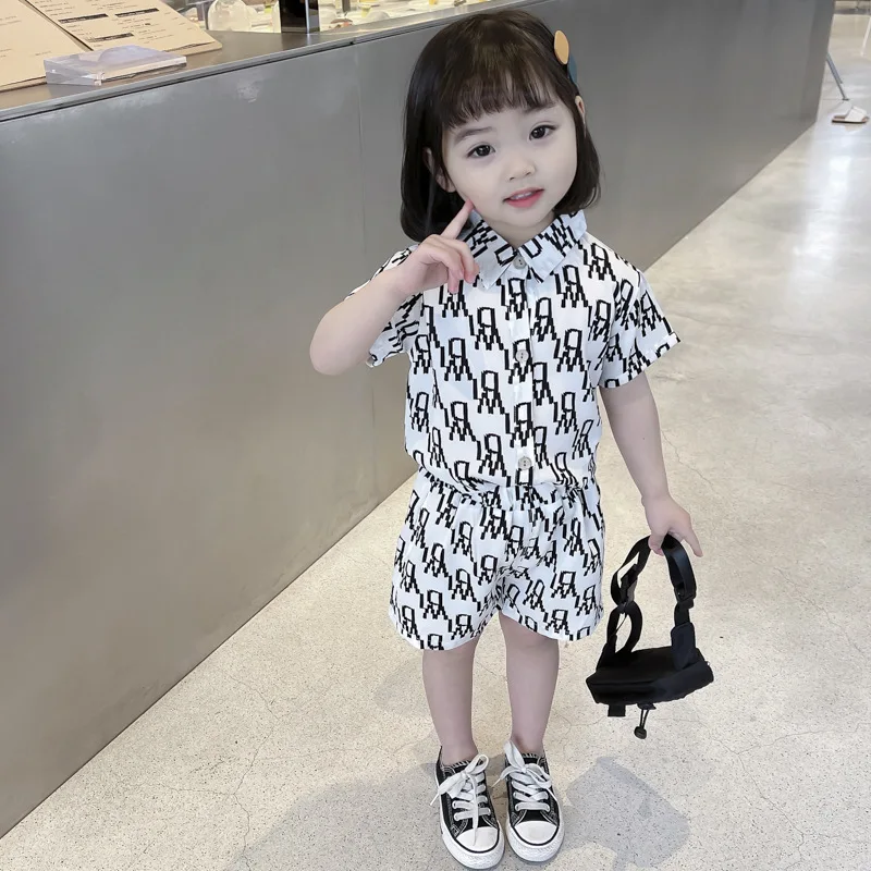 

New Arrival Summer Short Sleeve Shirt+shorts 2pcs Cotton Print Letter Casual Baby Girl Clothing Set, 2colors