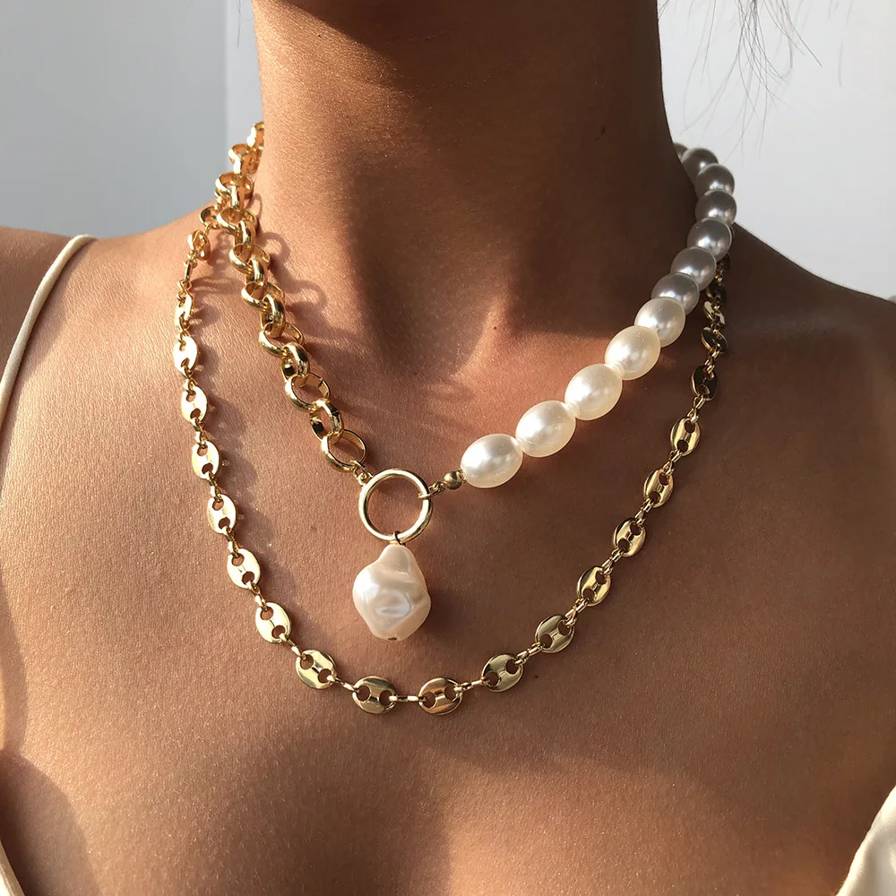 

Fashion 2 Layers Baroque Irregular Pearl Necklace Clavicle Chain Necklace for Women, Gold color