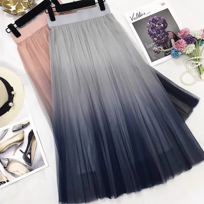 

Long Tulle Skirt Women Summer New Gradient Korean Elegant High Waist A-line Pleated Sun School Midi Skirt Female, Color