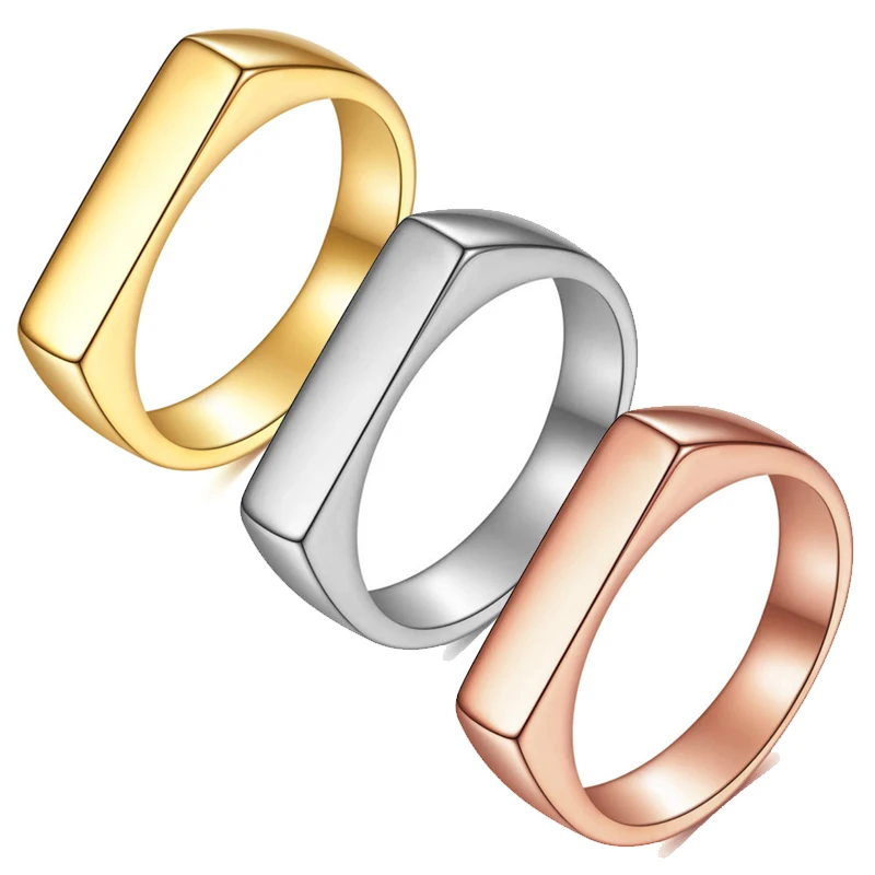 

Top Quality Dainty Classic Signet Rings Custom Logo Name Stainless Steel 18k Gold Geometric Plain Bar Ring For Women Men Gift