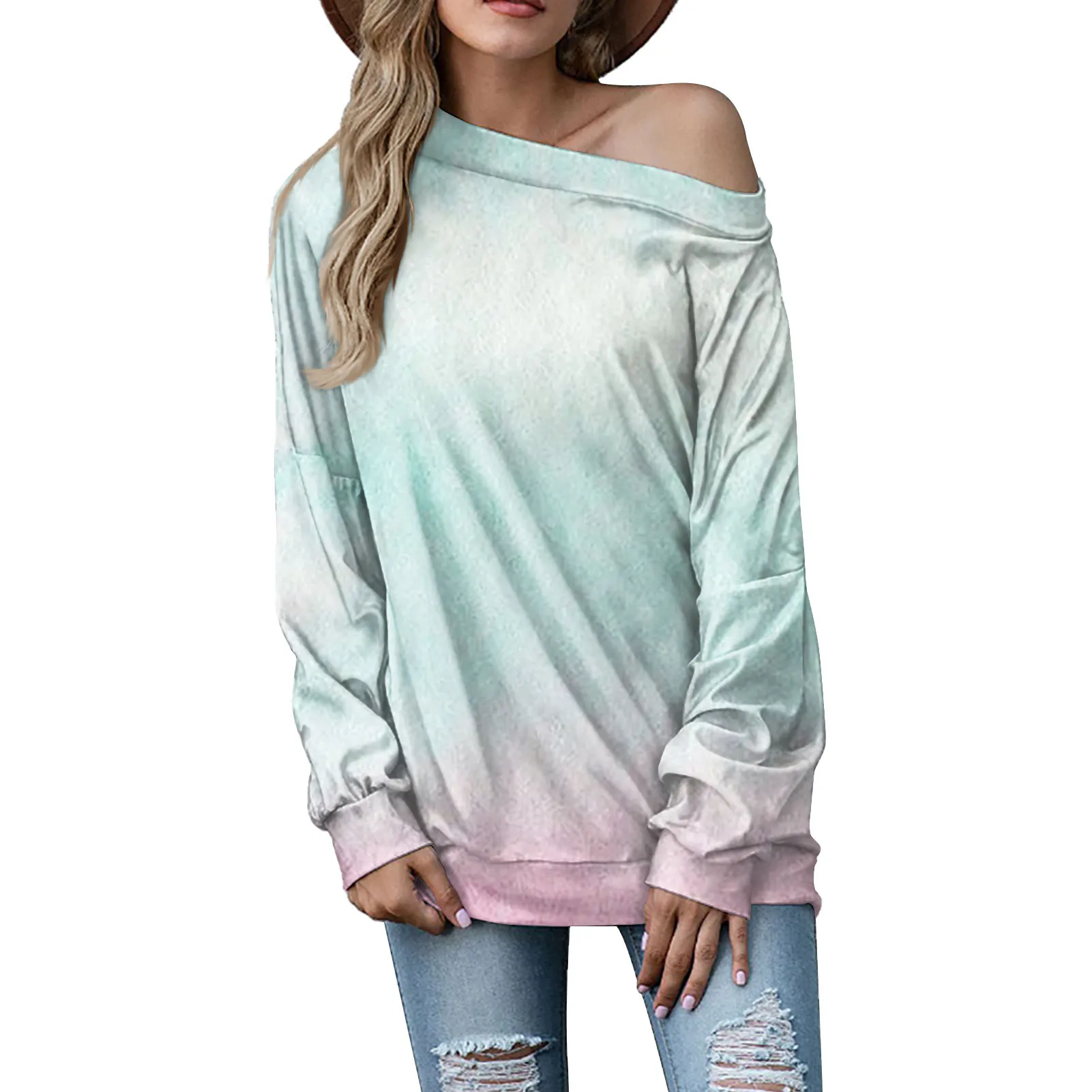 

Women Daily Loose Print Colorful T-shirt Oblique Shoulder Skew Collar Simple Solid Color Hollow Out Long Sleeve Top Streetwear