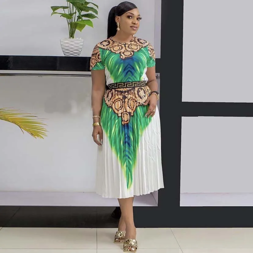 

African fashion digital print short-sleeved T-shirt with a pleated half skirt suit