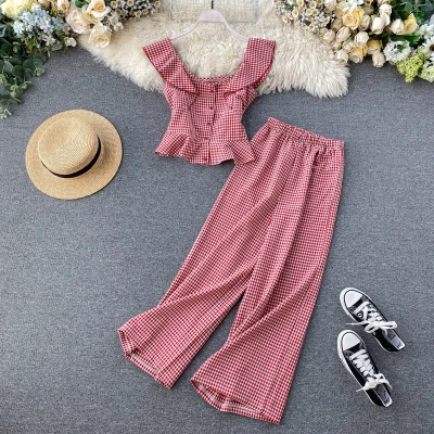 

2020 Spring Summer Fashion Women Plaid Tops High Waist Women Pants Two Piece Set Women Clothing